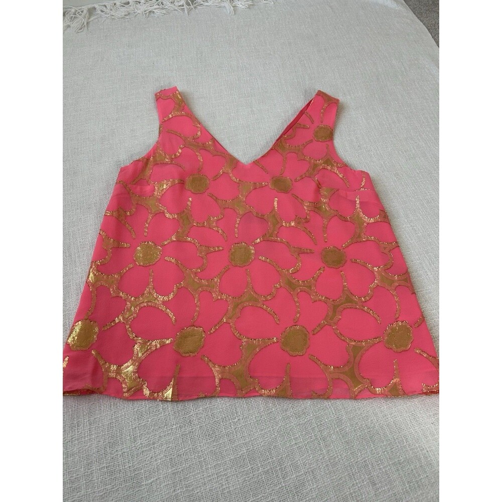 Lilly Pulitzer Tank Top Pink 100% Silk Gold Metallic Flower Pattern Boxy Size M - Picture 8 of 9